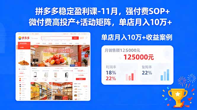 拼多多稳定盈利课-11月,强付费SOP+微付费高投产+活动矩阵,单店月入10w+-慧阅轩