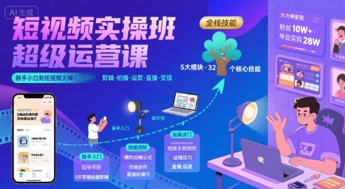 短视频实操班超级运营课，新手小白到短视频大神必修课程，剪辑-拍摄-运营-直播-变现-慧阅轩