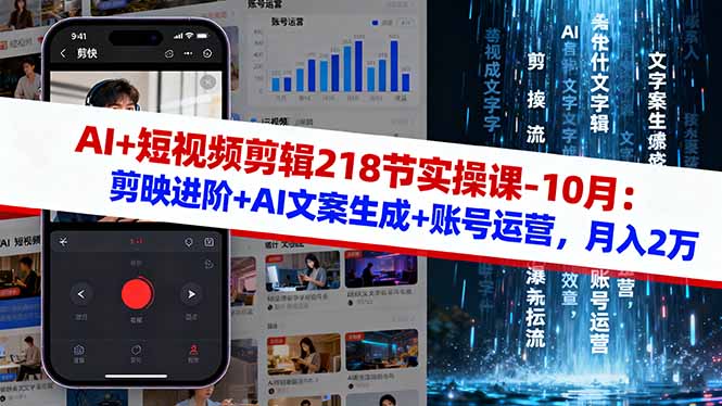 AI+短视频剪辑218节实操课-10月：剪映进阶+AI文案生成+账号运营，月入2万-慧阅轩