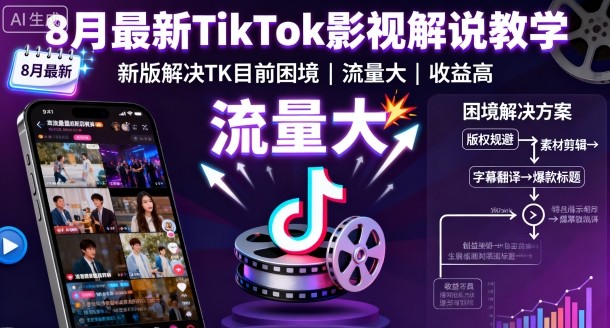 8月最新TikTok影视解说教学,新版解决TK目前困境,流量大,收益高-慧阅轩
