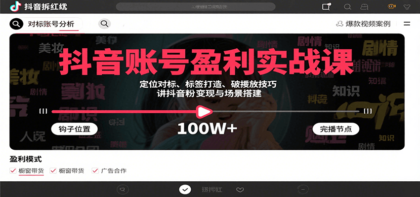 抖音账号盈利实战课,定位对标、标签打造、破播放技巧,讲涨粉变现与场景搭建-慧阅轩