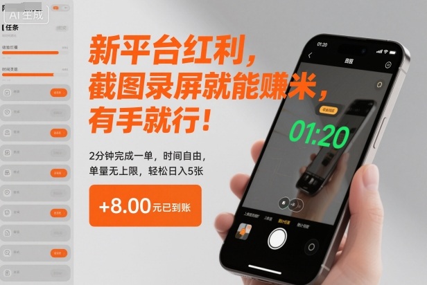 新平台红利,截图录屏就能賺米,有手就行!2分钟完成一单,时间自由,单量无上限,轻松日入5张【揭秘】-慧阅轩