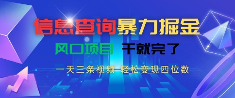 信息查询暴力掘金,一天三条视频,轻松变现四位数,风口项目干就完了【揭秘】-慧阅轩