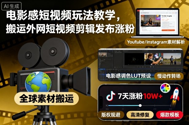 电影感短视频玩法教学,搬运外网短视频剪辑发布涨粉-慧阅轩