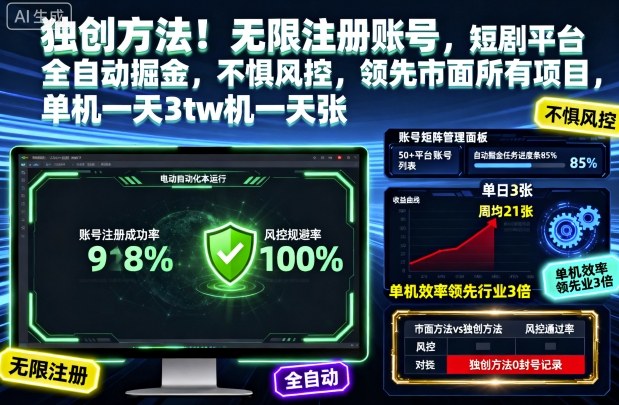 独创方法！无限注册账号，短剧平台全自动掘金，不惧风控，领先市面所有项目，单机一天3张【揭秘】-慧阅轩