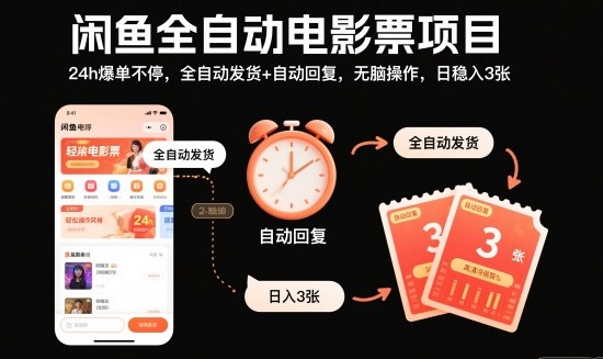 闲鱼全自动电影票项目,24h爆单不停,全自动发货+自动回复,无脑操作,日稳入3张【揭秘】-慧阅轩