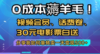 0成本薅羊毛!视频会员、话费卷、30元电影票白送，分享我如何靠转卖一天变现5张+【揭秘】-慧阅轩