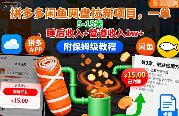 拼多多闲鱼网盘拉新项目,一单5-15米,睡后收入+管道收入1w+(附保姆级教程)-慧阅轩