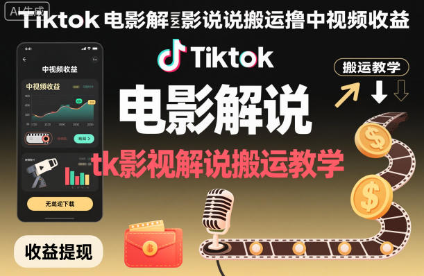 Tiktok电影解说搬运撸中视频收益,tk影视解说搬运教学-慧阅轩