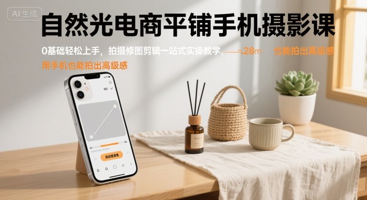 自然光电商平铺手机摄影课,0基础轻松上手,拍摄修图剪辑一站式实操教学,用手机也能拍出高级感-慧阅轩