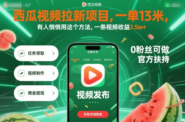 西瓜视频拉新项目,一单13米,有人悄悄用这个方法,一条视频收益2.5w+(附详细教程)-慧阅轩