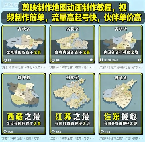 剪映制作地图动画制作教程,视频制作简单,流量高起号快,伙伴单价高-慧阅轩