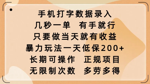 手机打字数据录入，几秒一单，有手就行，只要做当天就有收益，暴力玩法一天低保2张-慧阅轩