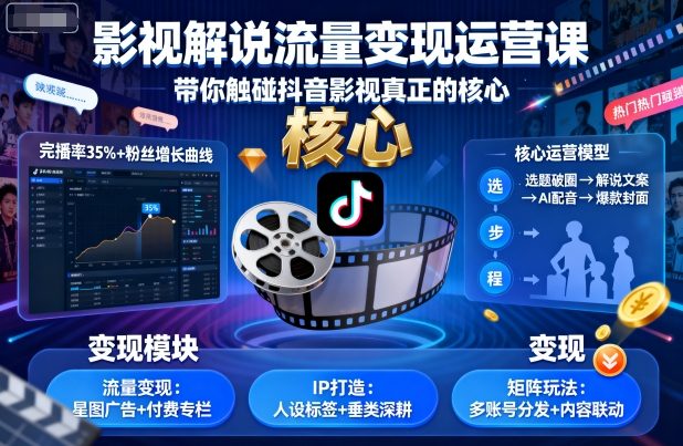 影视解说流量变现运营课,带你触碰抖音影视真正的核心-慧阅轩