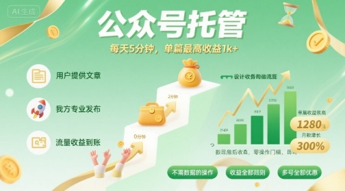 【公众号托管 】我提供文章，你发布，每天5分钟，单篇最高收益1k+【揭秘】-慧阅轩