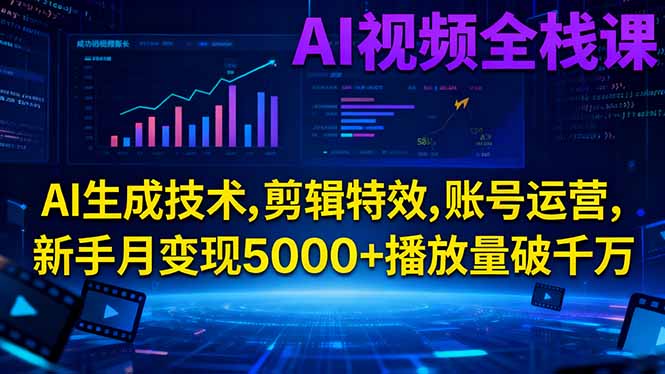 AI视频全栈课:AI生成技术,剪辑特效,账号运营,新手月变现5000+播放量破千万-慧阅轩