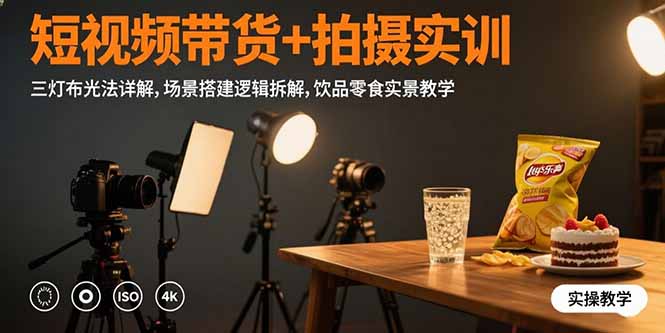 短视频带货+拍摄实训：三灯布光法详解,场景搭建逻辑拆解,饮品零食实景教学-慧阅轩