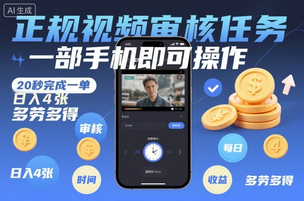 正规视频审核任务，一部手机即可操作，20秒完成一单，日入4张，多劳多得【揭秘】-慧阅轩