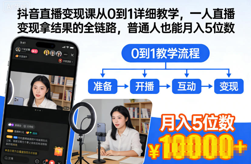 抖音直播变现课从0到1详细教学，一人直播变现拿结果的全链路，普通人也能月入5位数-慧阅轩