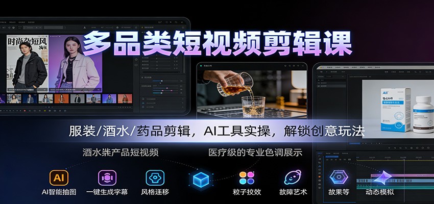 多品类短视频剪辑课:服装/酒水/药品剪辑,AI工具实操,解锁创意玩法-慧阅轩