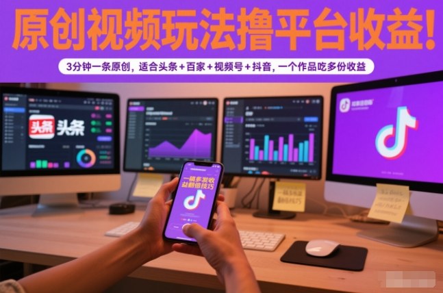 原创视频玩法撸平台收益,3分钟一条原创,适合头条+百家+视频号+抖音,一个作品吃多份收益-慧阅轩