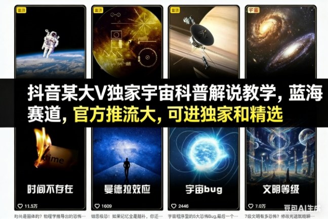 抖音某大V独家宇宙科普解说教学，蓝海赛道，官方推流大，可进独家和精选-慧阅轩