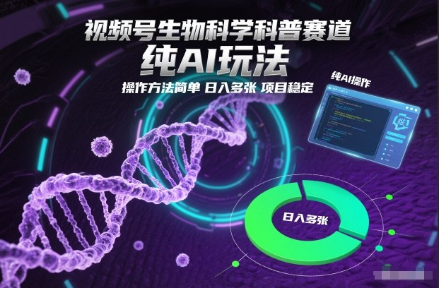 视频号生物科学科普赛道，纯AI玩法，操作方法简单，日入多张，项目稳定-慧阅轩