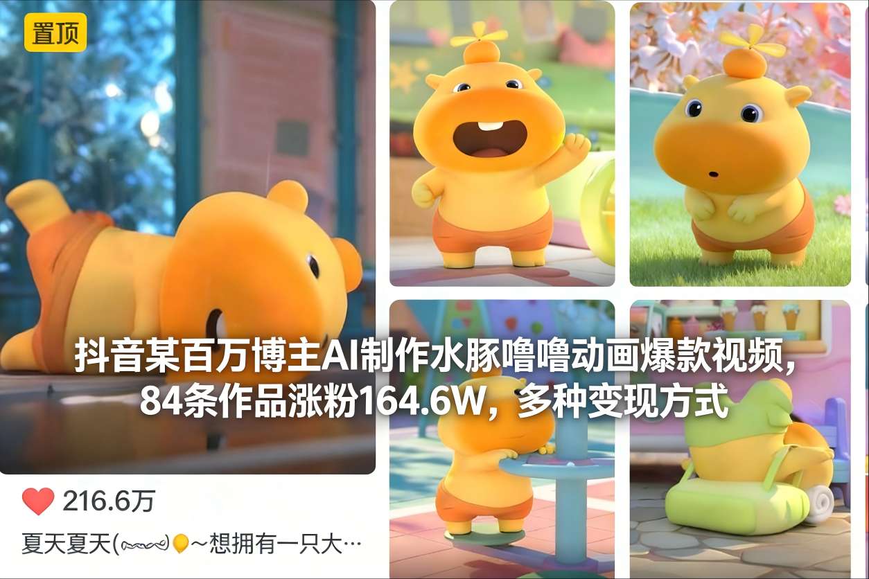 抖音某百万博主AI制作水豚噜噜动画爆款视频，84条作品涨粉164.6W，多种变现方式-慧阅轩